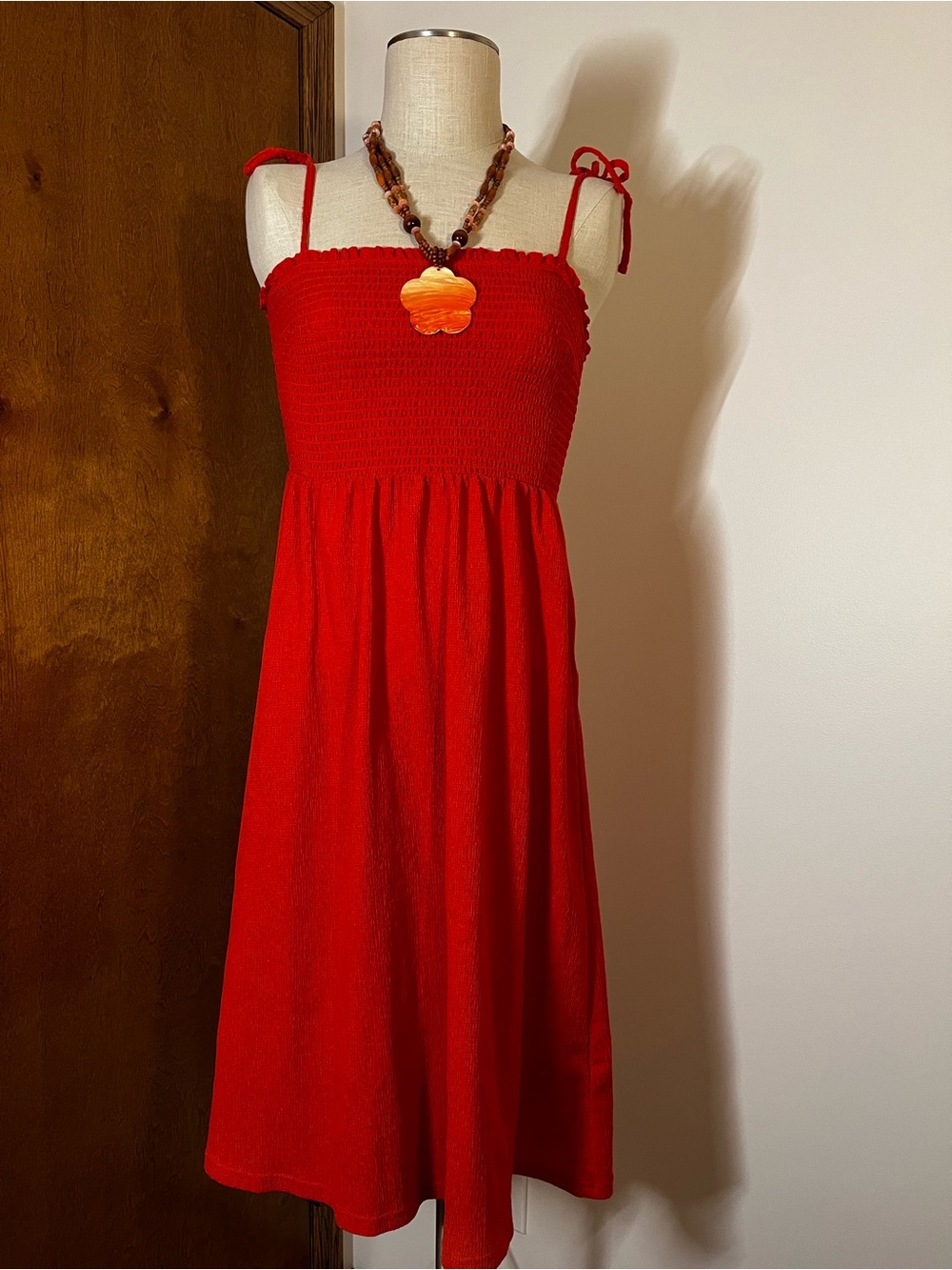 Y2K coastal Red Smocked Sundress with Tie Straps